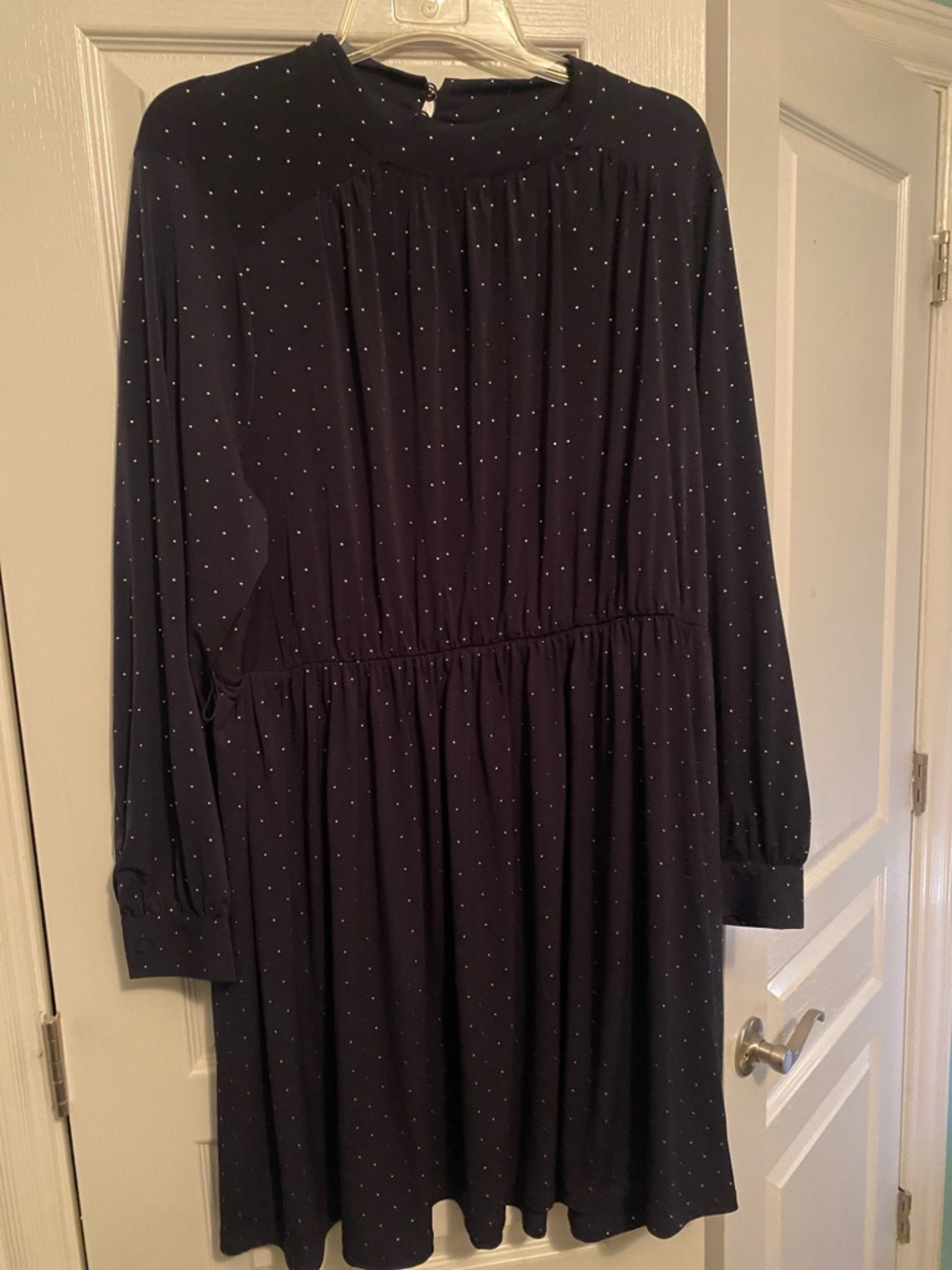 Lane Bryant Navy Long-Sleeve Polka Dot Midi Dress